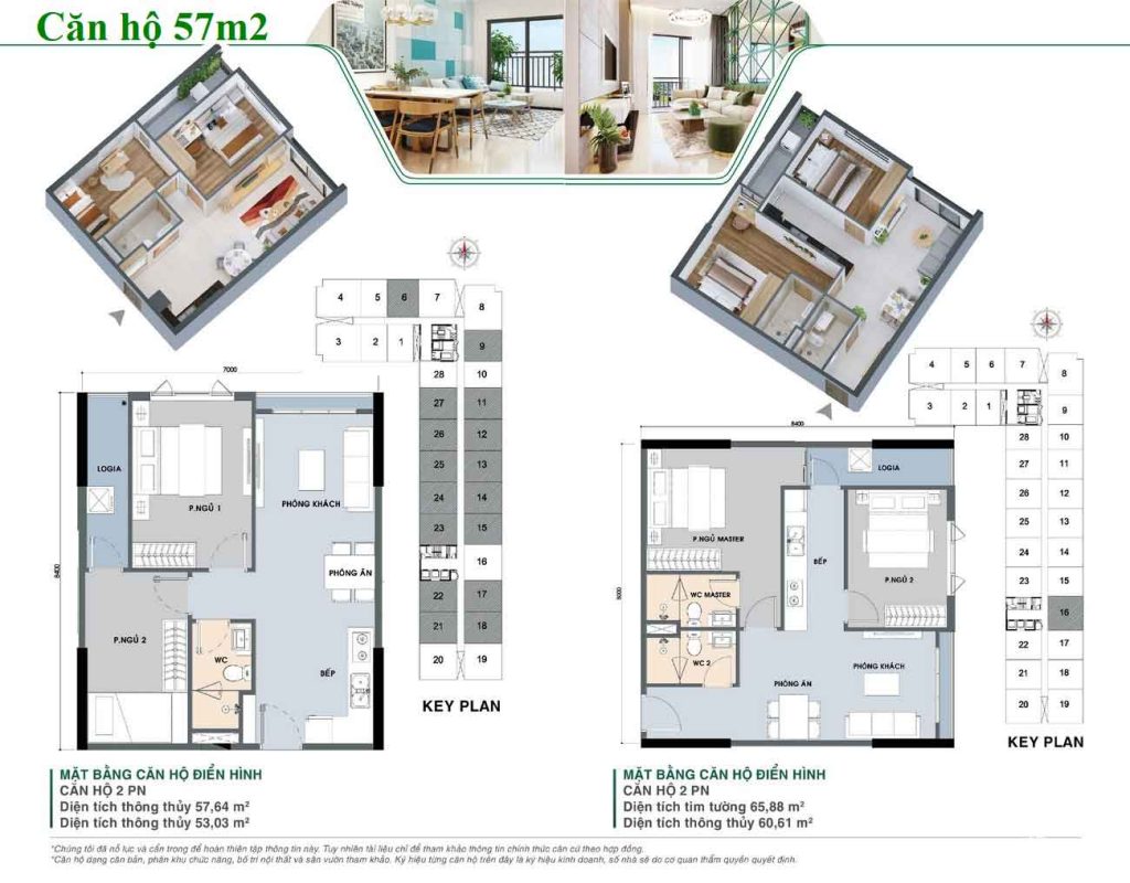 Thiết kế căn hộ 57m2 - 2PN/1WC