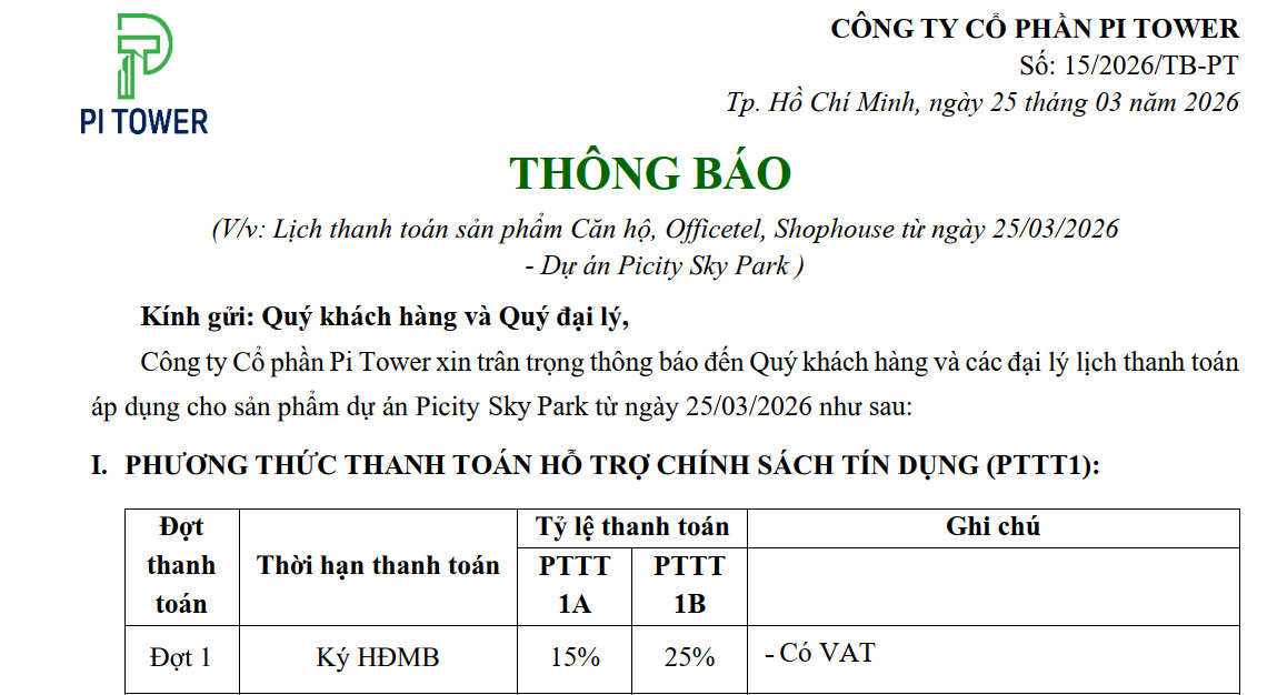 Chính sách thanh toán Picity Sky Park mới nhất