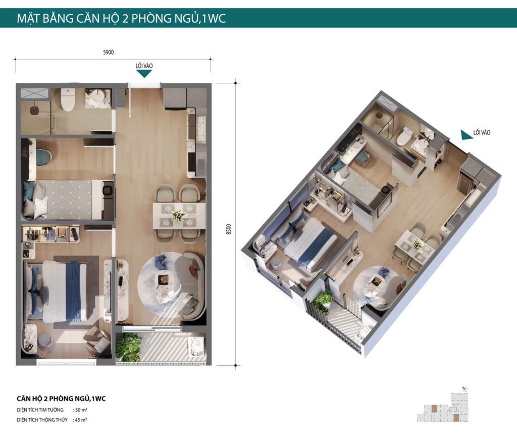 Mặt bằng Căn hộ 2PN/1WC Picity Sky Zen