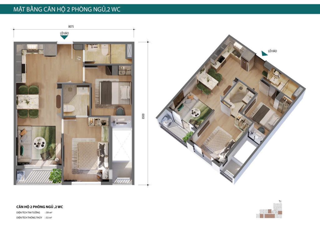 Thiết kế căn hộ 2PN/2WC Picity Sky Park