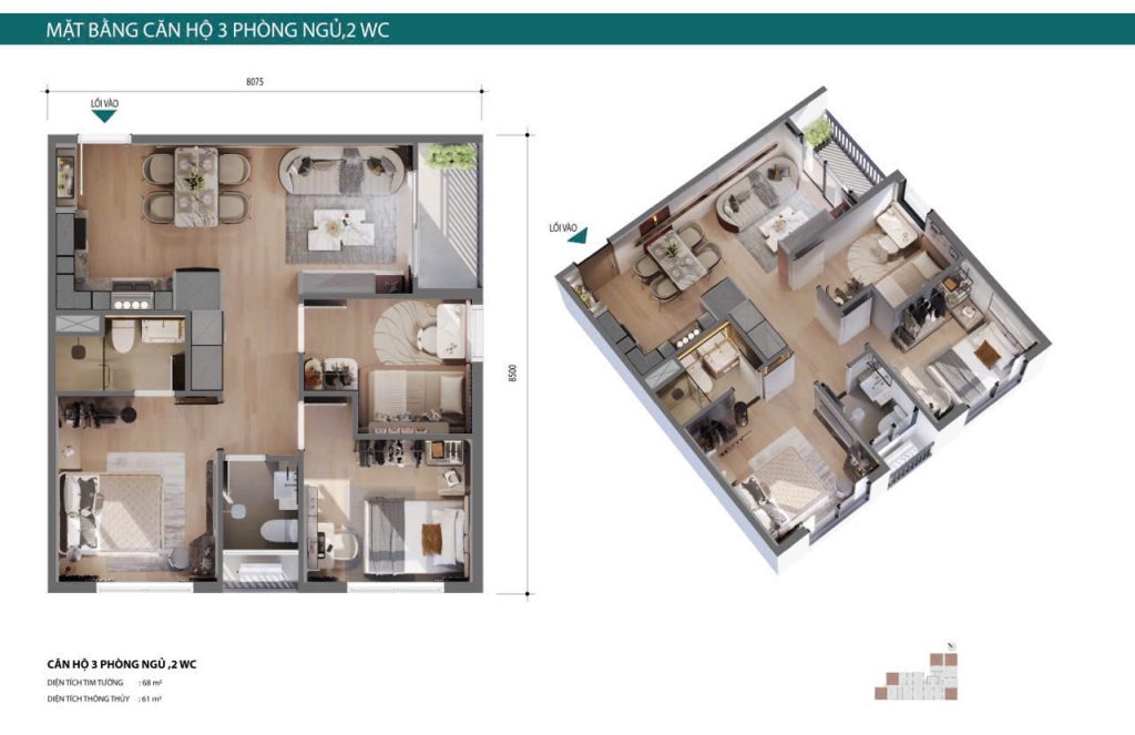 Thiết kế căn hộ 3PN/2WC Picity Sky Park