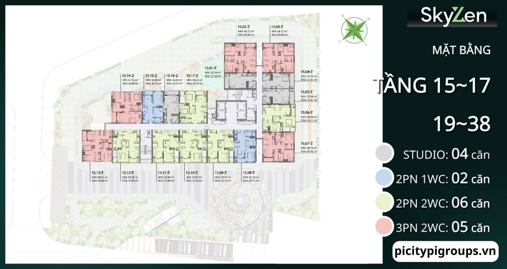 Mặt bằng tầng 15-16 & 19-38 tại dự án Picity Sky Zen