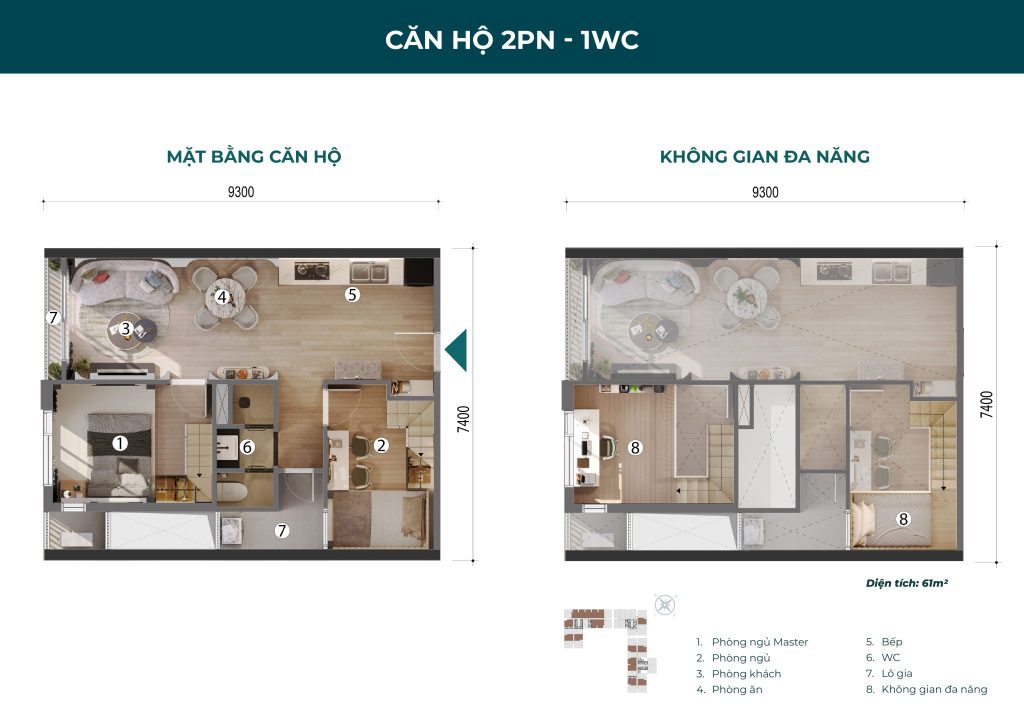 Thiết kế căn hộ 2PN/1WC tại Picity Sky Park