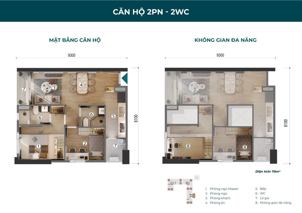 Thiết kế căn hộ 2PN/2WC tại Picity Sky Park